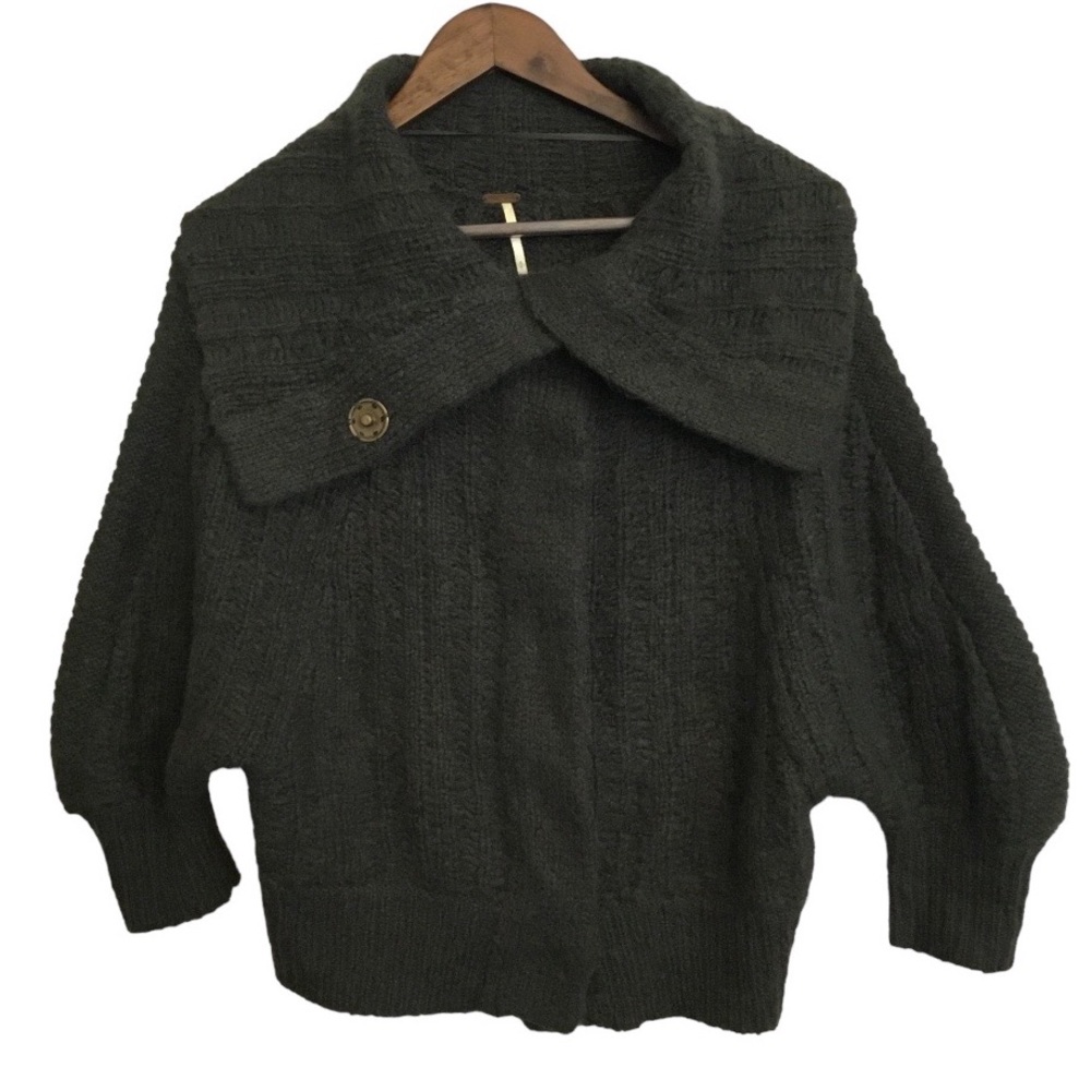 Free People Oversized Wool Blend 3/4 Balloon Sleeve Fuzzy Cardigan Sweater Sz S
